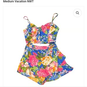 Vibrant Blue Floral Two-Piece Skirt Set - Pink & Green Floral